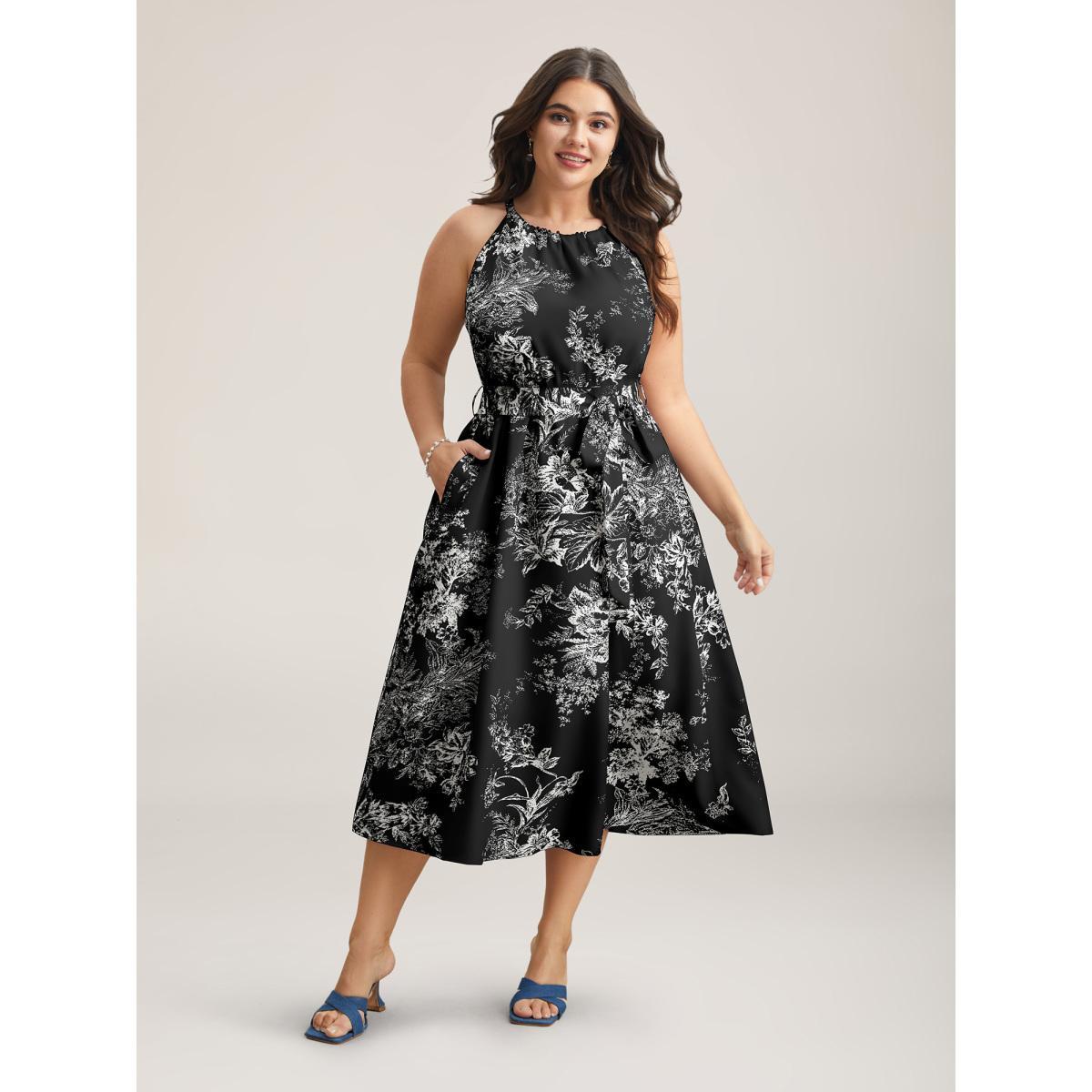 Plus Size Spring Time Florals Sleeveless Midi Dress Black Women Elegant Gathered Halter neck Sleeveless Curvy BloomChic 12/L Product Image