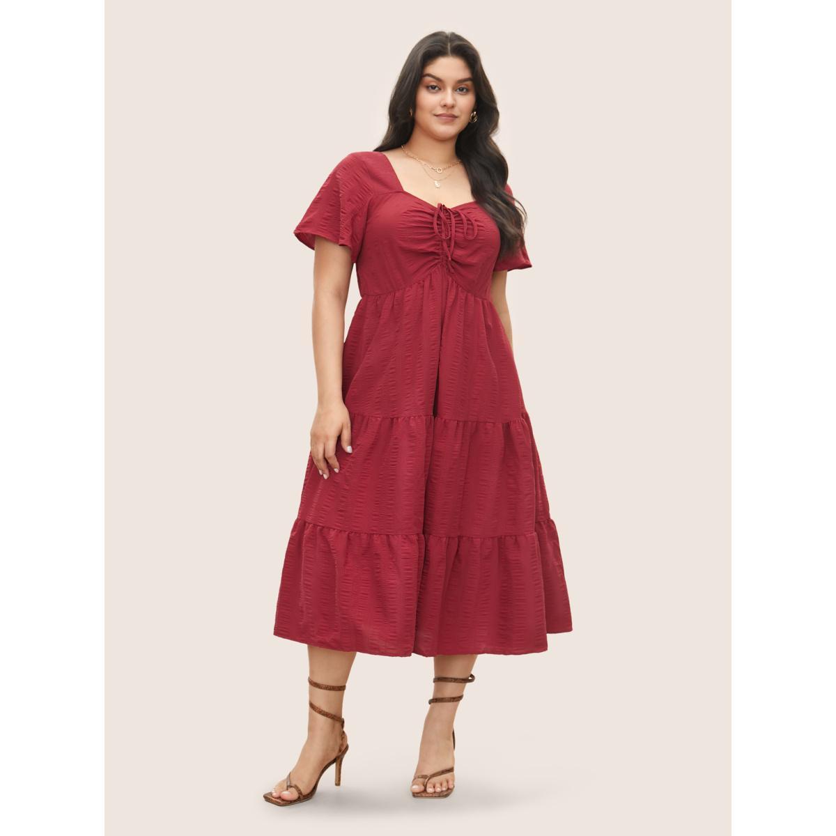 Plus Size Plain Ruched Drawstring Pocket Ruffle Tiered Dress Raspberry Women Elegant Non V-neck Short sleeve Curvy Midi Dress BloomChic 14-16/1X Product Image