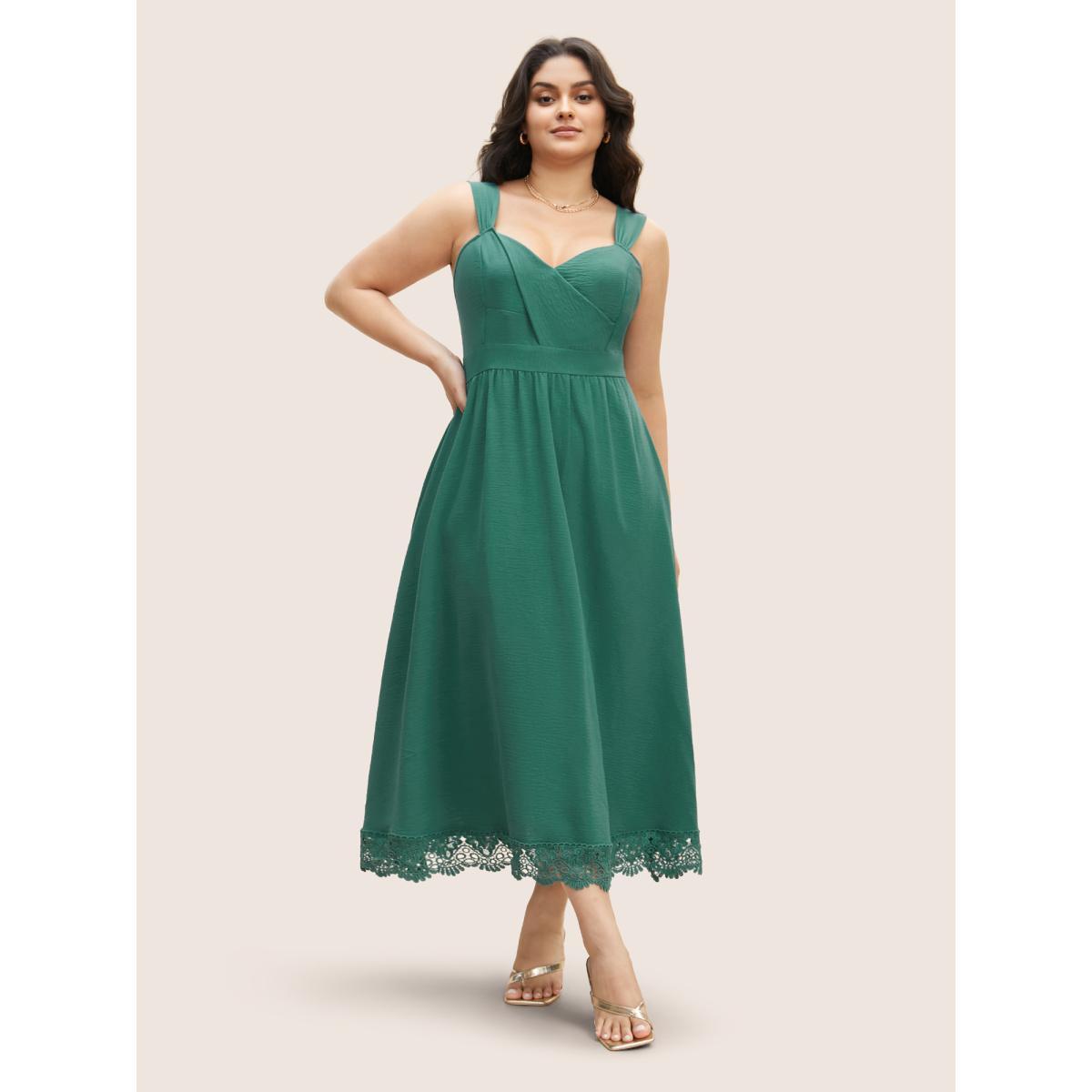 Plus Size Heart Neckline Solid Lace Patchwork Maxi Dress Emerald Women Elegant Woven ribbon&lace trim Heart neckline Sleeveless Curvy BloomChic 12/L Product Image