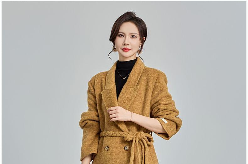 Set: Peak Lapel Plain Double-Breasted Long Coat + Belt Product Image