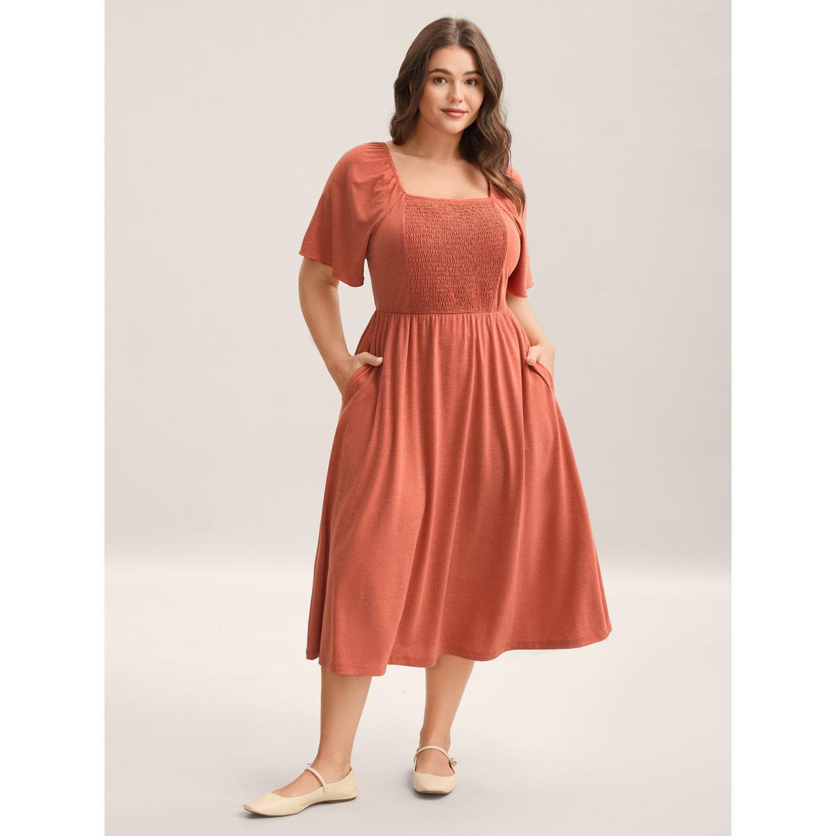 Plus Size Stretchy Shirred Back Tie-Up Midi Dress OrangeRed Women Knit Dresses Bloomchic 14-16/1X Product Image