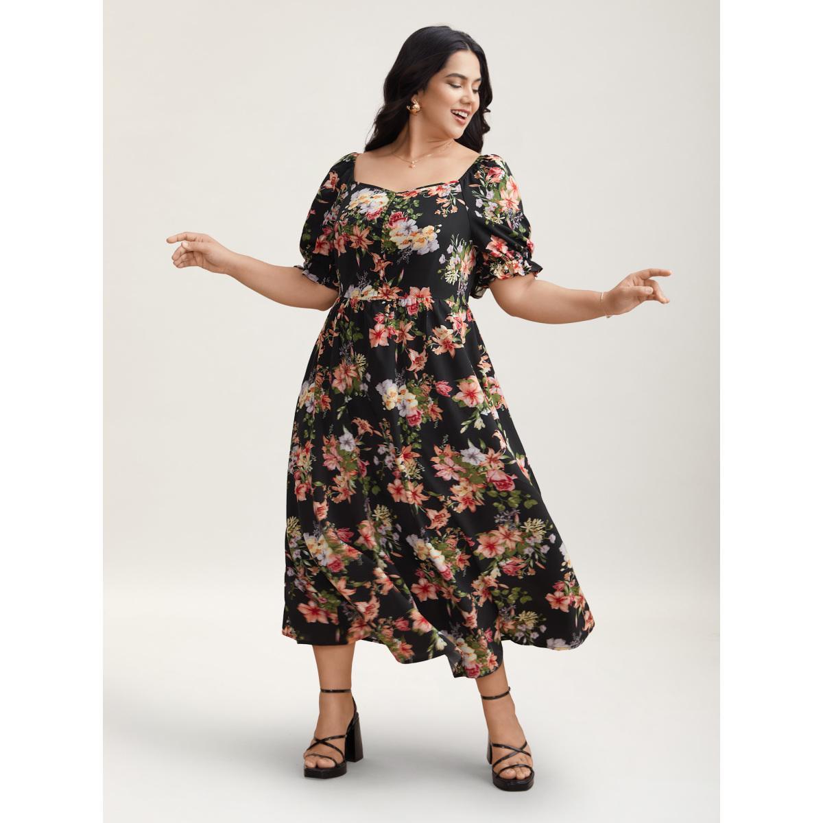Plus Size Sweetheart Neckline Drawstring Floral Midi Dress Black Women Elegant Drawstring Heart neckline Half Sleeve Curvy BloomChic 10/M Product Image