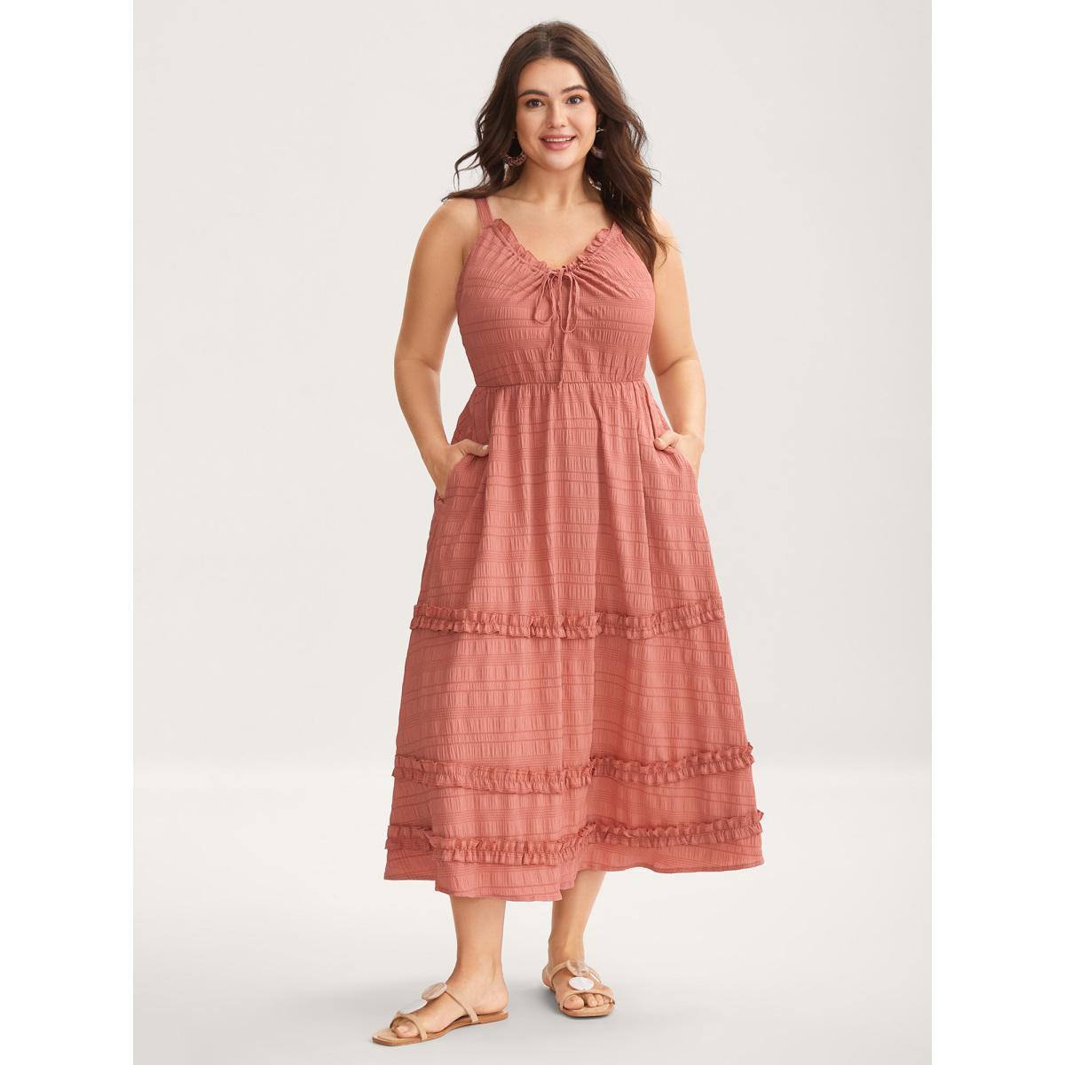 Plus Size Textured Neck-Tie Layered Pockets Midi Dress Rust Women V-neck Sleeveless Curvy BloomChic 18-20/2X Product Image
