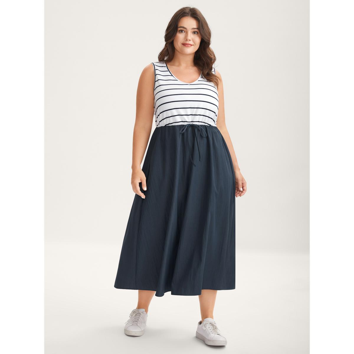 Plus Size Stripes Color Contrast Pockets Midi Dress Indigo Women Round Neck Sleeveless Curvy BloomChic 12/L Product Image