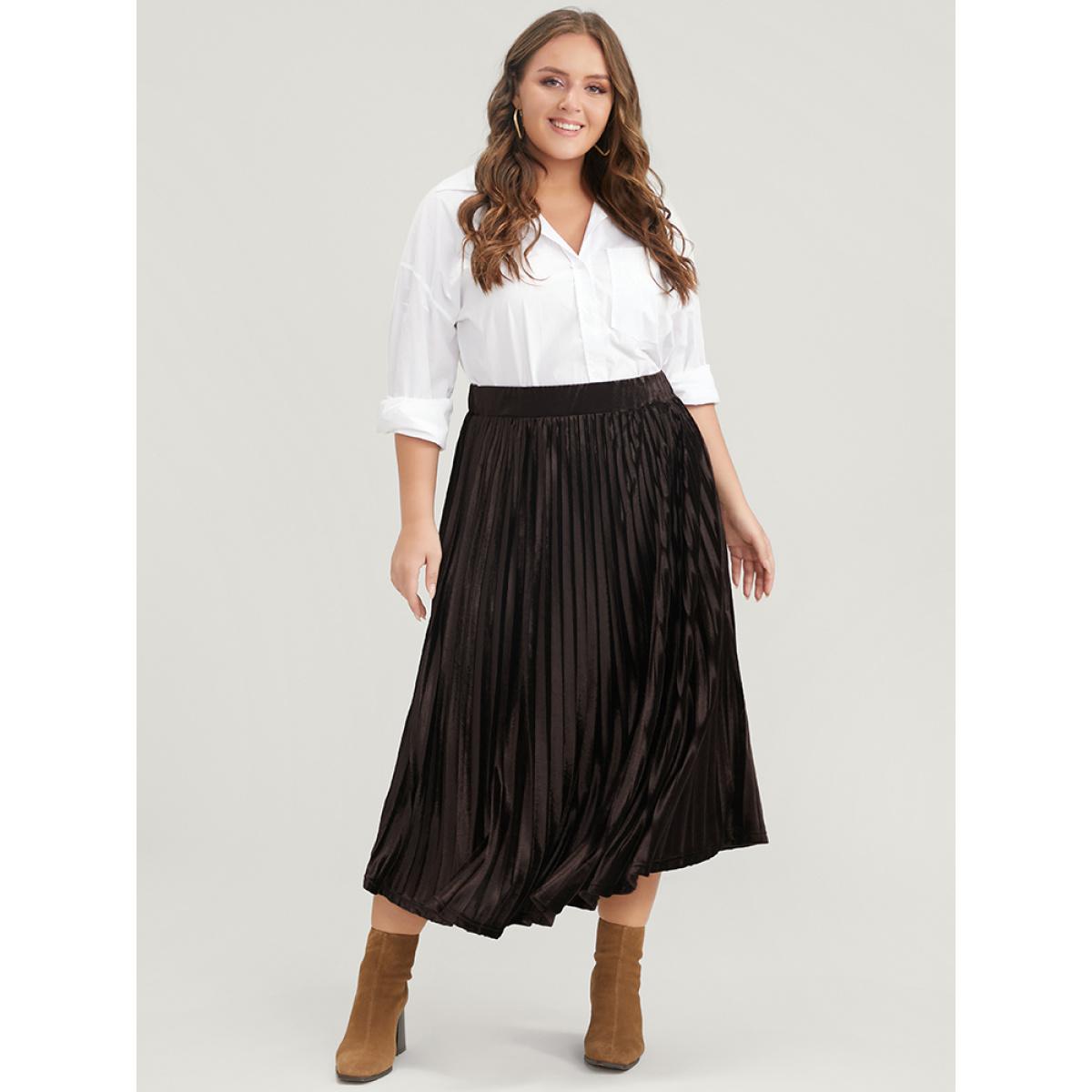 Plus Size Solid Elastic Waist Velvet Pleated Skirt Women DarkBrown Glamour Pleated Low stretch Going out Skirts BloomChic 10/M Product Image