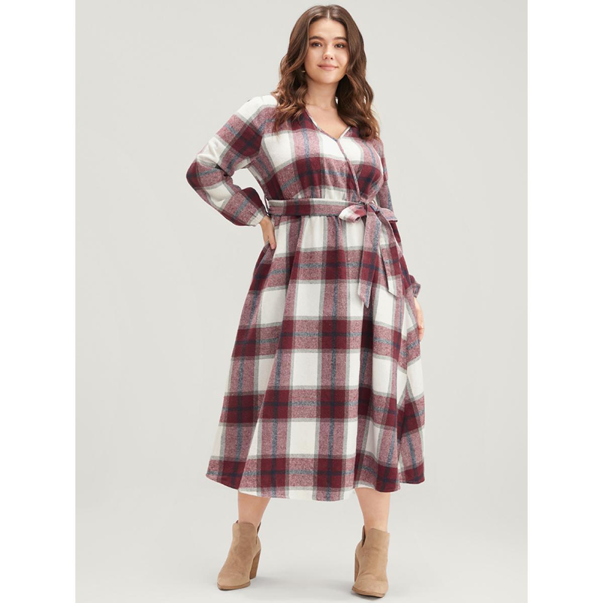 Plus Size Plaid Surplice Neck Pocket Belted Midi Dress Scarlet Women Elegant V-neck Long Sleeve Curvy Midi Dress BloomChic 14-16/1X Product Image