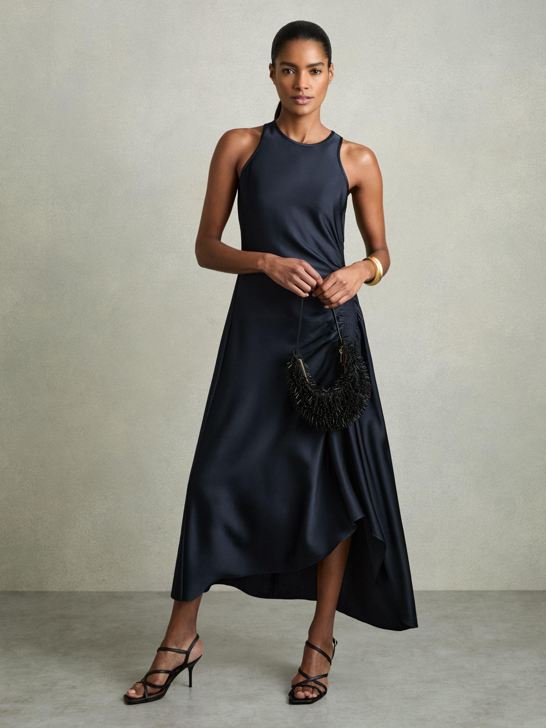 Petite Satin Shirred Midi Dress in Navy Product Image