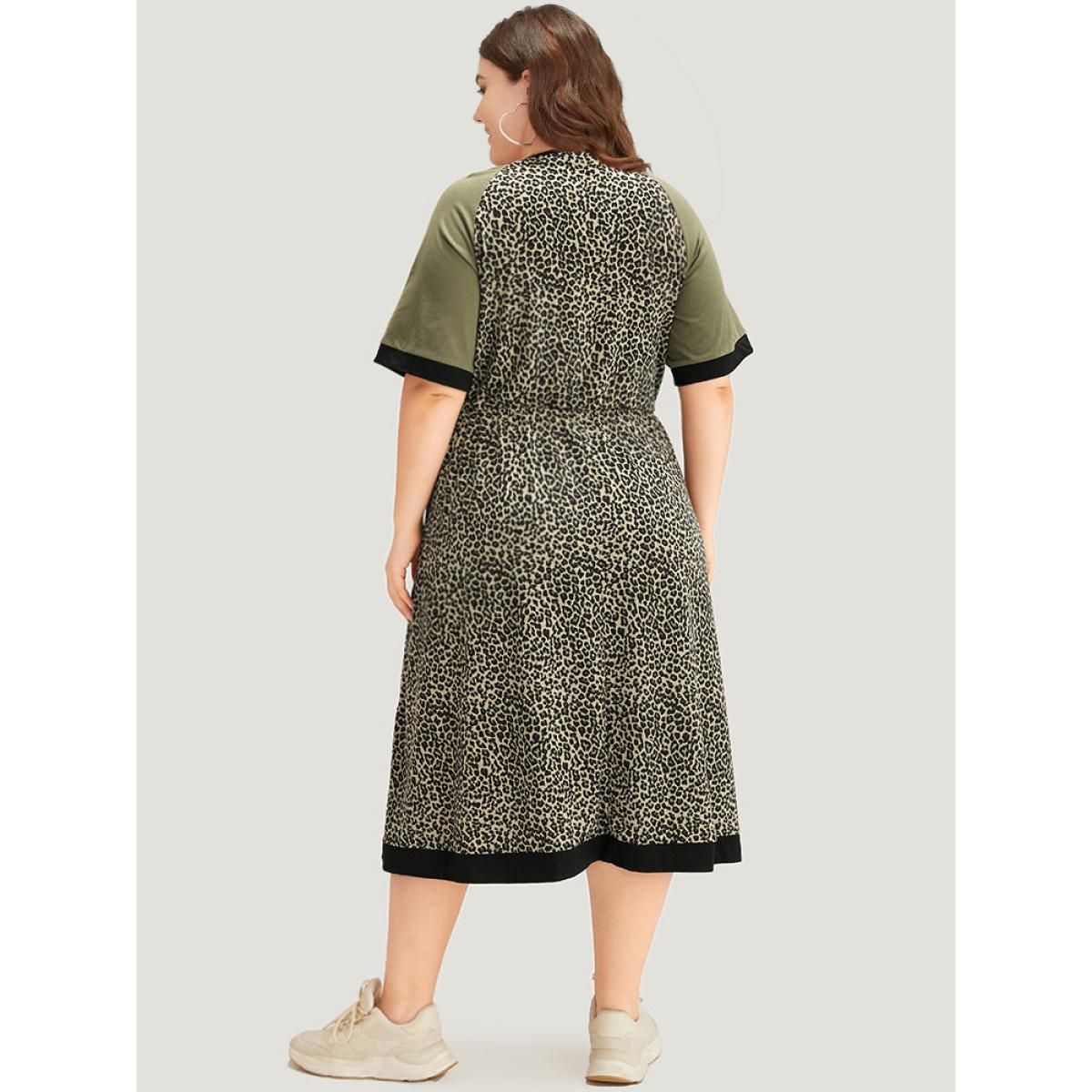 Plus Size Leopard Print Pocket Patchwork Gathered Contrast Trim Dress ArmyGreen Women Casual Gathered V-neck Half Sleeve Curvy Midi Dress BloomChic 18-20/2X Product Image