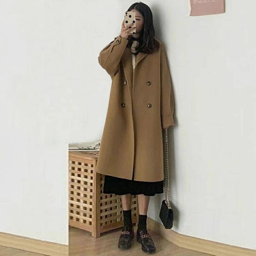 Lapel Collared Double Breasted Long Coat Product Image