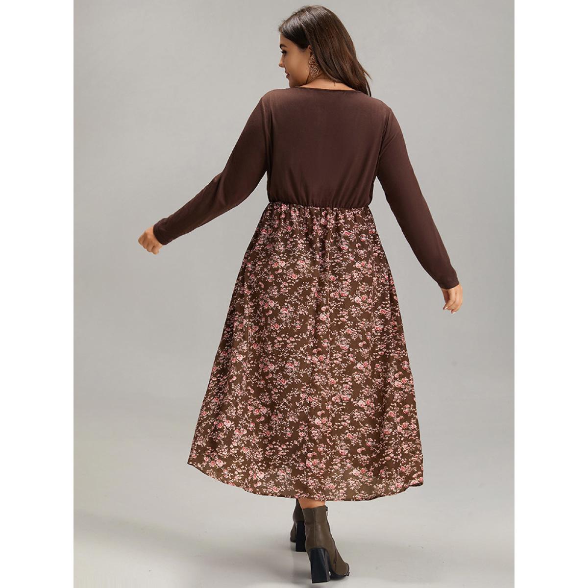 Plus Size Twist Front Ditsy Floral Patchwork Dress DarkBrown Women Elegant Elastic cuffs V-neck Long Sleeve Curvy Midi Dress BloomChic 22-24/3X Product Image