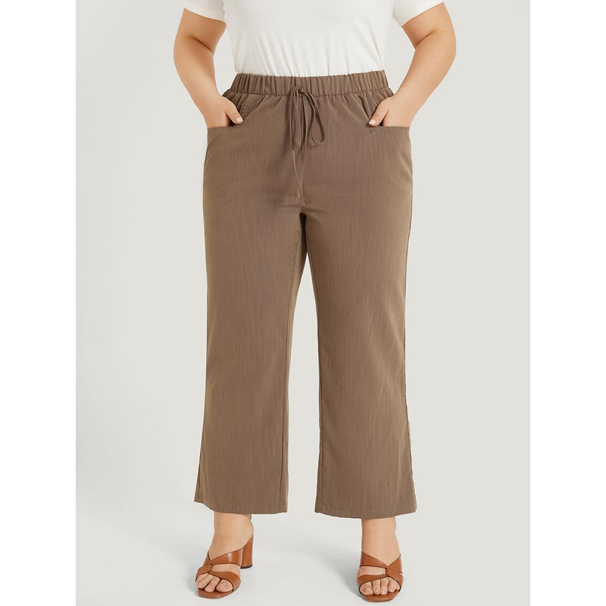 Plus Size Plain Pocket Ties Elastic Waist Straight Leg Pants Women DarkBrown Elegant Straight Leg High Rise Dailywear Pants BloomChic 10/M Product Image