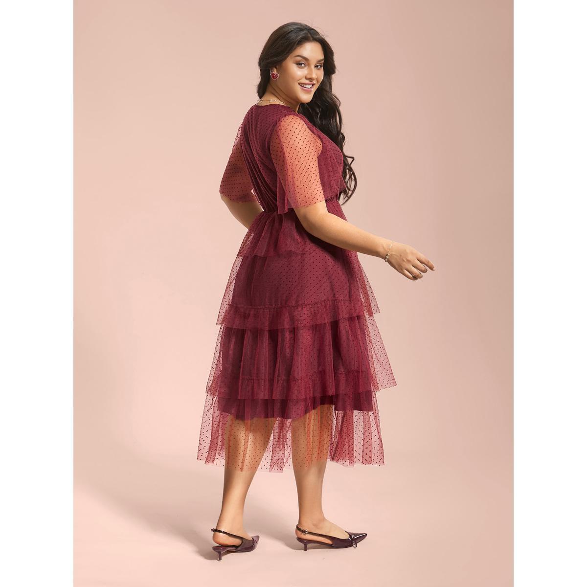 Plus Size Polka Dot Sheer Mesh Tiered Dress Burgundy Women Cocktail Texture Party Curvy Bloomchic 22-24/3X Product Image