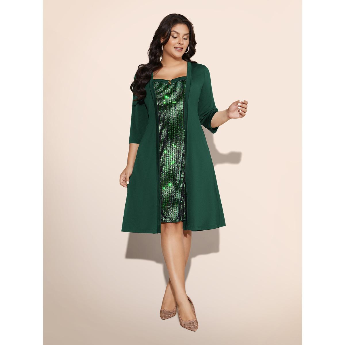 Plus Size Heart Neckline Patchwork Sequin Button Detail Dress Watermelon Women Cocktail Texture Party Curvy Bloomchic 18-20/2X Product Image