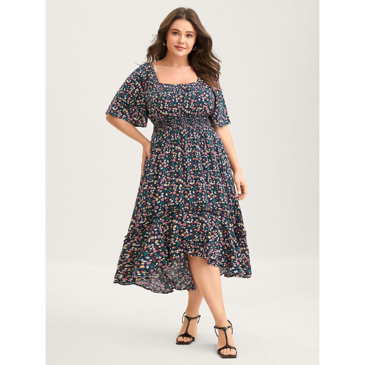 Plus Size Micro Floral Shirred Asymmetrical Midi Dress Navy Women Shirred Square Neck Short sleeve Curvy BloomChic 10/M Product Image