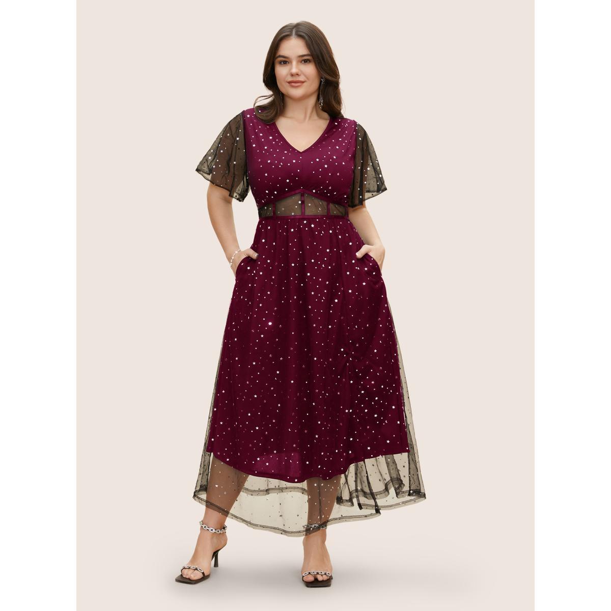 Plus Size Glitter Star Mesh Patchwork Split Hem Dress Burgundy Women Cocktail See through V-neck Short sleeve Curvy BloomChic 18-20/2X Product Image