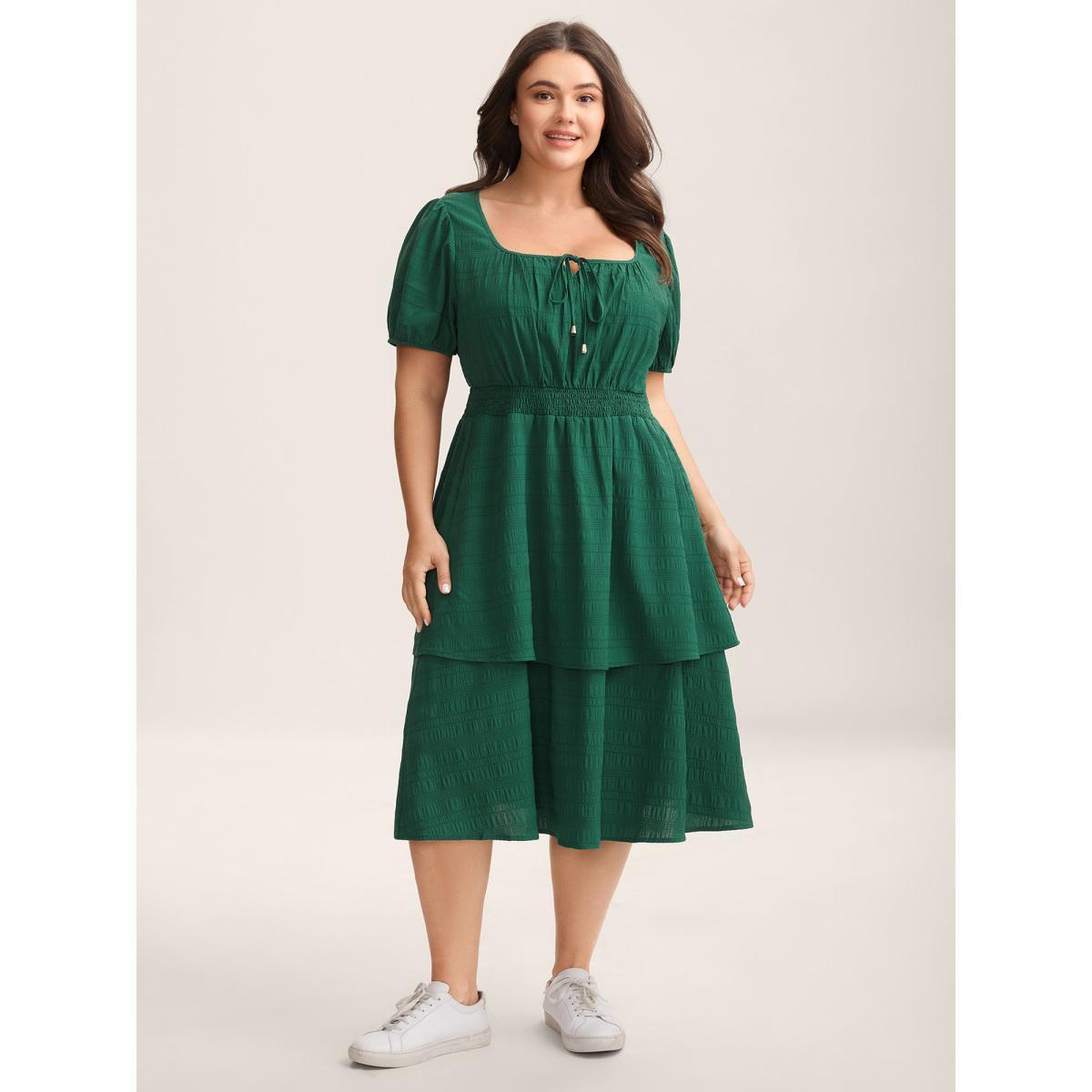 Plus Size Neck Tie Textured Layered Hem Midi Dress DarkGreen Women Square Neck Short sleeve Curvy BloomChic 28/5X Product Image
