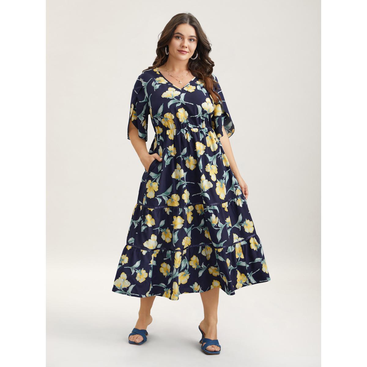 Plus Size Spring Flowers V-Neck Tiered Midi Dress Indigo Women Elegant Overlapping V-neck Half Sleeve Curvy BloomChic 26/4X Product Image