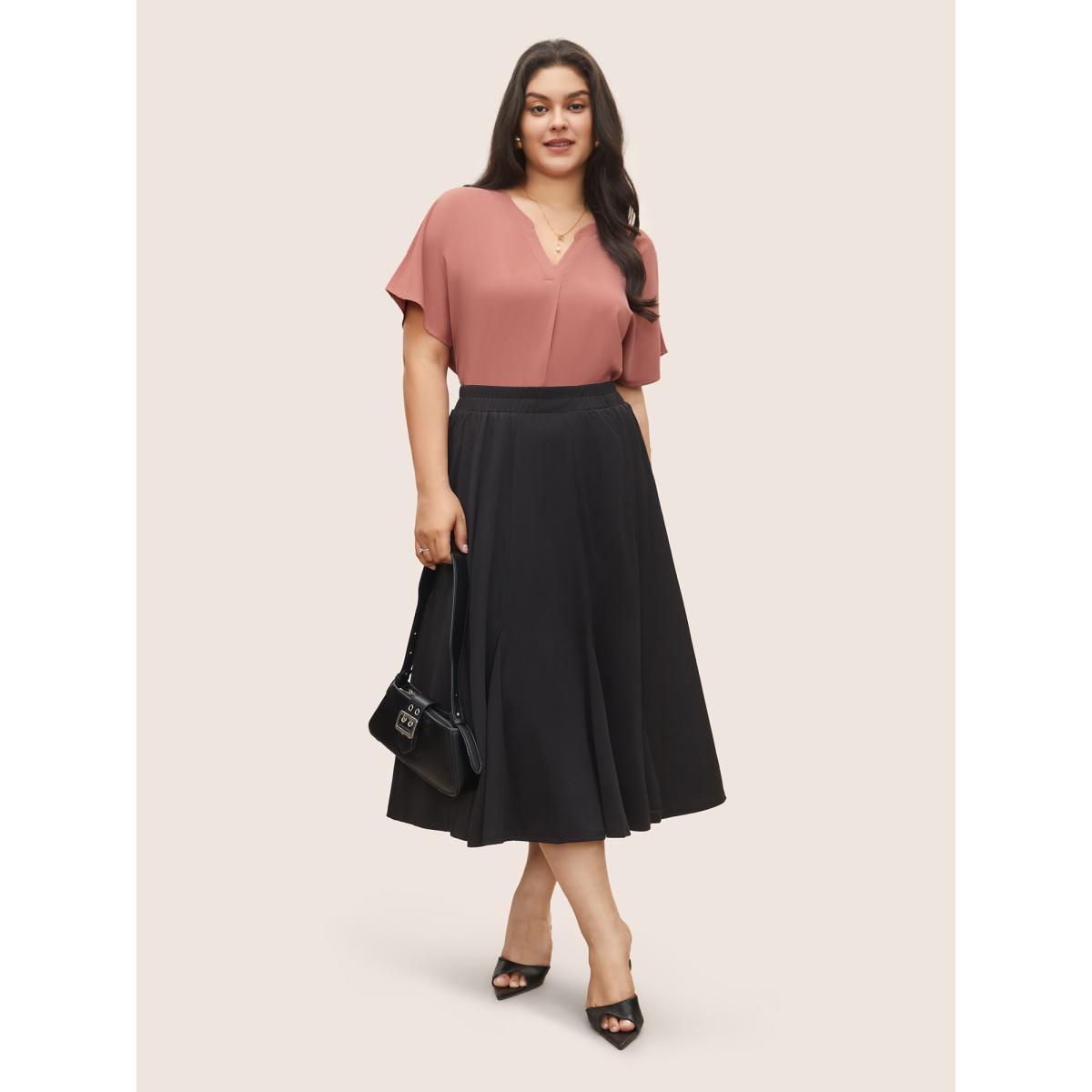 Plus Size DustyPink Plain Pleated Notched Dolman Sleeve Blouse Women Work From Home Short sleeve Notched collar Work Blouses BloomChic 12/L Product Image
