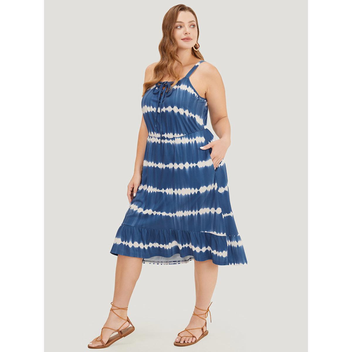 Plus Size Tie Dye Lace Up Pocket Striped Cami Dress Indigo Women Vacation Adjustable Straps Spaghetti Strap Sleeveless Curvy Midi Dress BloomChic 10/M Product Image