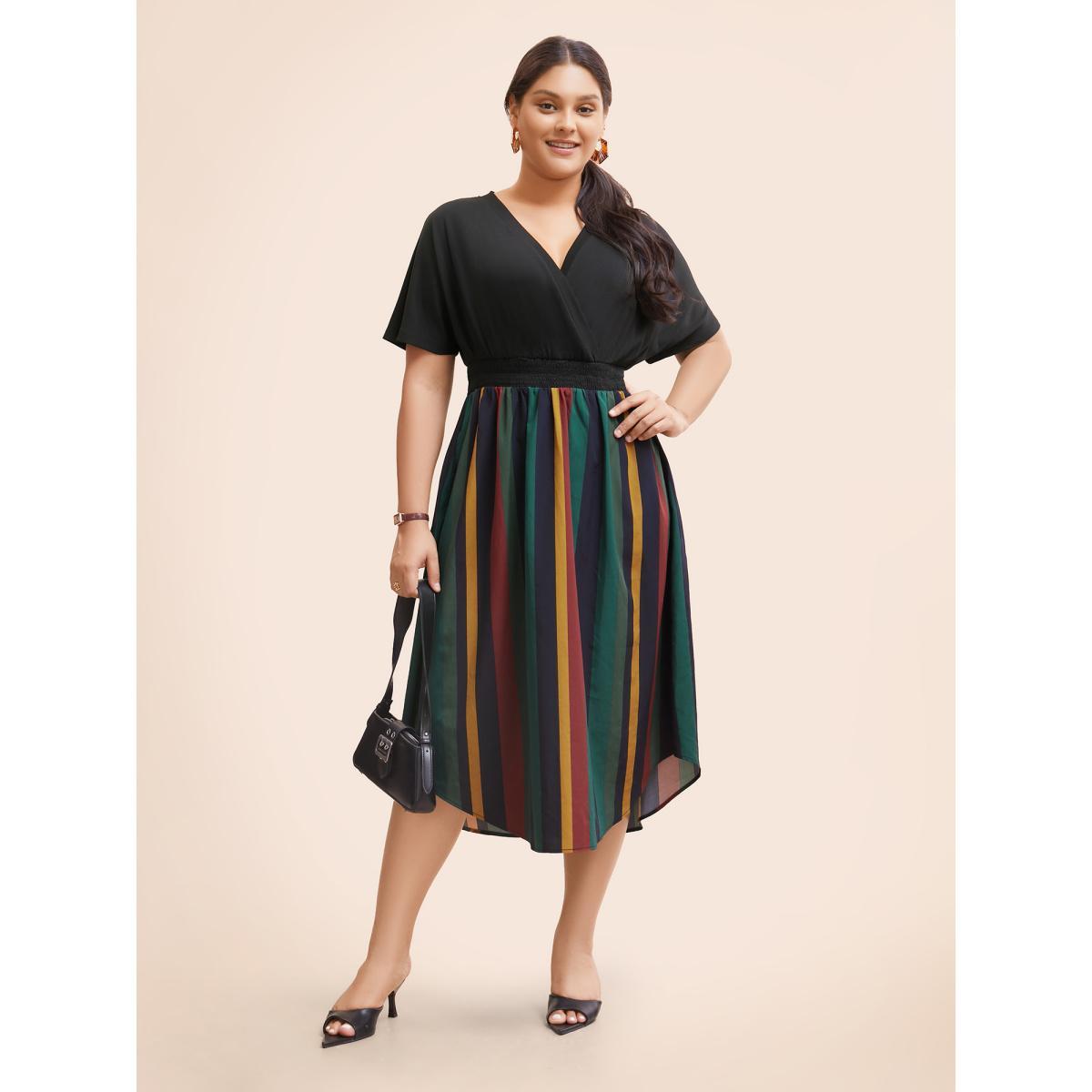 Plus Size Striped Overlap Collar Shirred Midi Dress Black Women Workwear Essentials Patchwork Overlap Collar Short sleeve Curvy BloomChic 22-24/3X Product Image