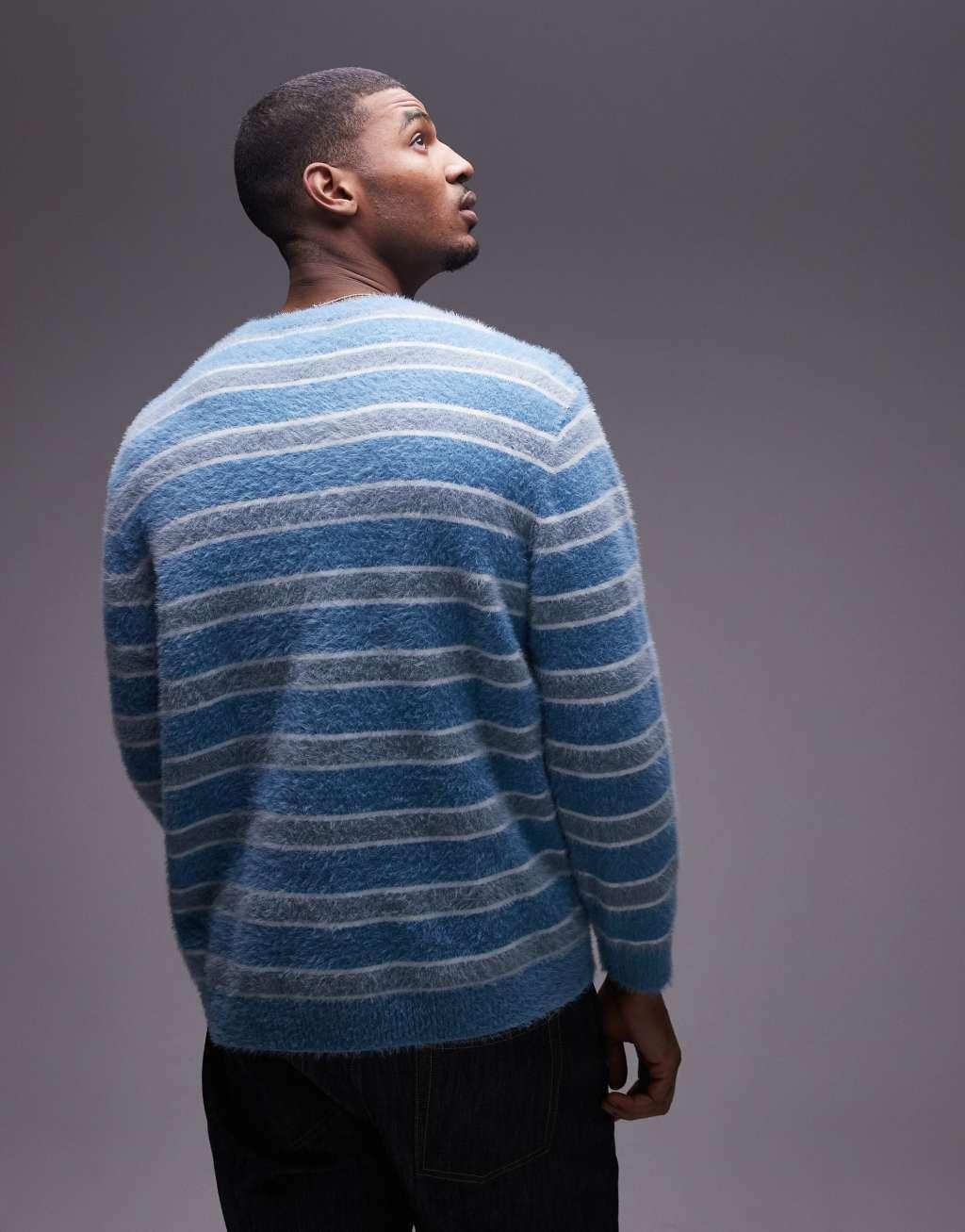 Topman relaxed fit brushed sweater in blue and white stripe Product Image