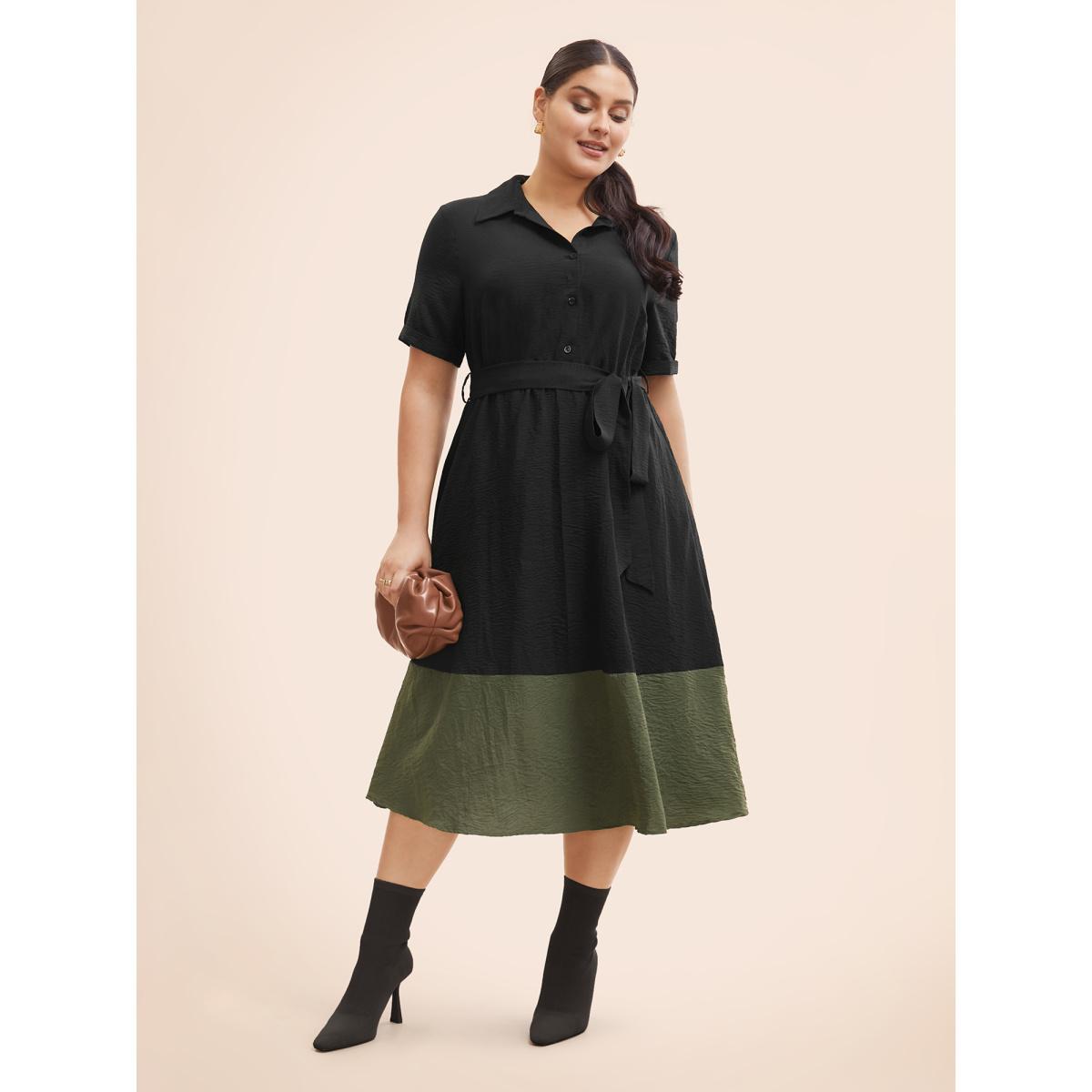Plus Size Shirt Collar Contrast Patchwork Belted Midi Dress ArmyGreen Women At the Office Belted Shirt collar Half Sleeve Curvy BloomChic 12/L Product Image