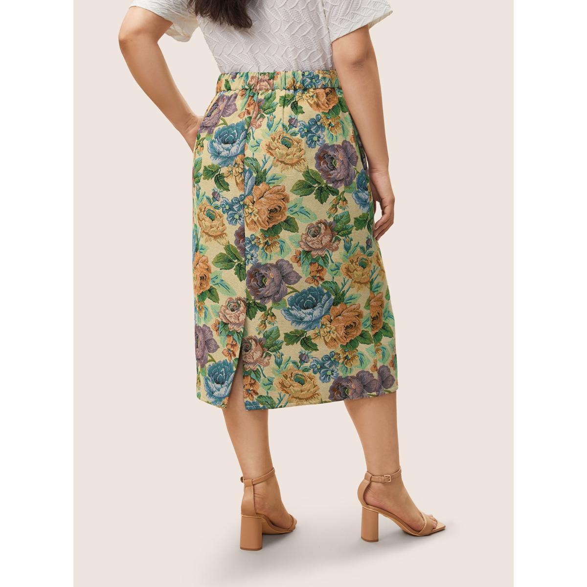 Plus Size Floral Print Elastic Waist Pocket Split Hem Skirt Women LightBrown Elegant Non No stretch Slanted pocket Everyday Skirts BloomChic 26/4X Product Image
