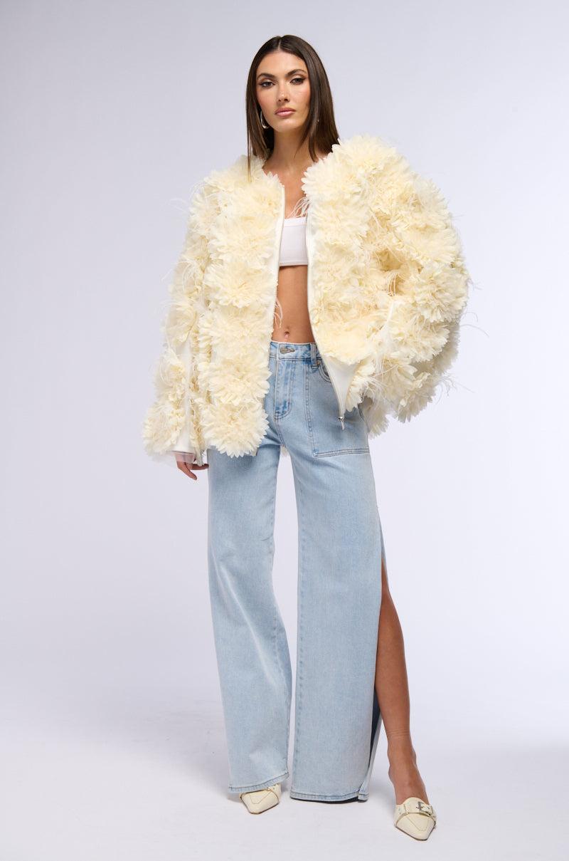 FABRIC FLORAL APPLIQUE DRESSY BOMBER Product Image