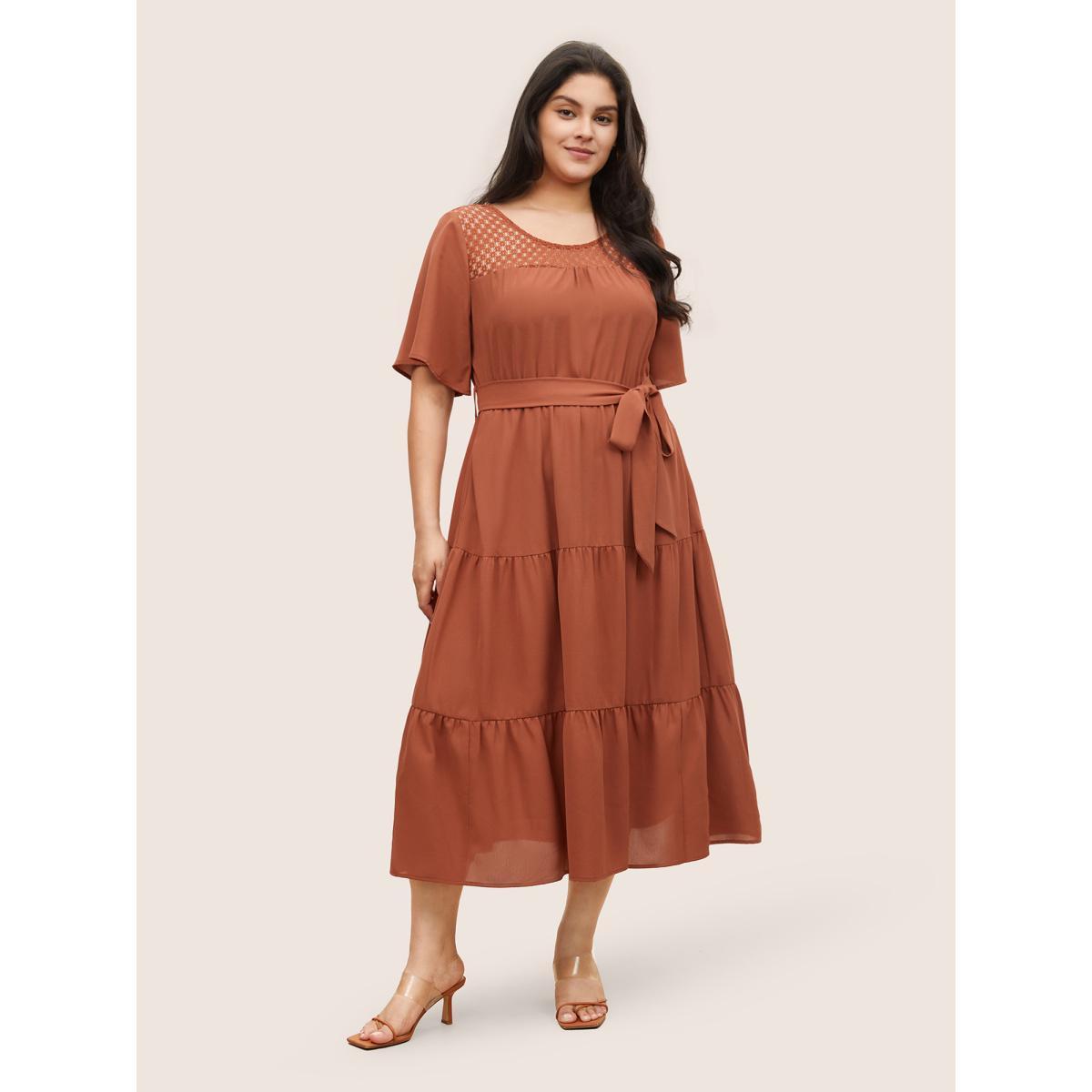 Plus Size Hollow Out Belted Gathered Patchwork Hem Dress Rust Women Resort Non Round Neck Short sleeve Curvy Midi Dress BloomChic 14-16/1X Product Image
