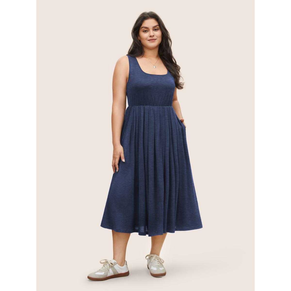 Plus Size Supersoft Essentials Solid Gathered Tank Dress Black Women Basics Non U-neck Sleeveless Curvy Midi Dress BloomChic 22-24/3X Product Image