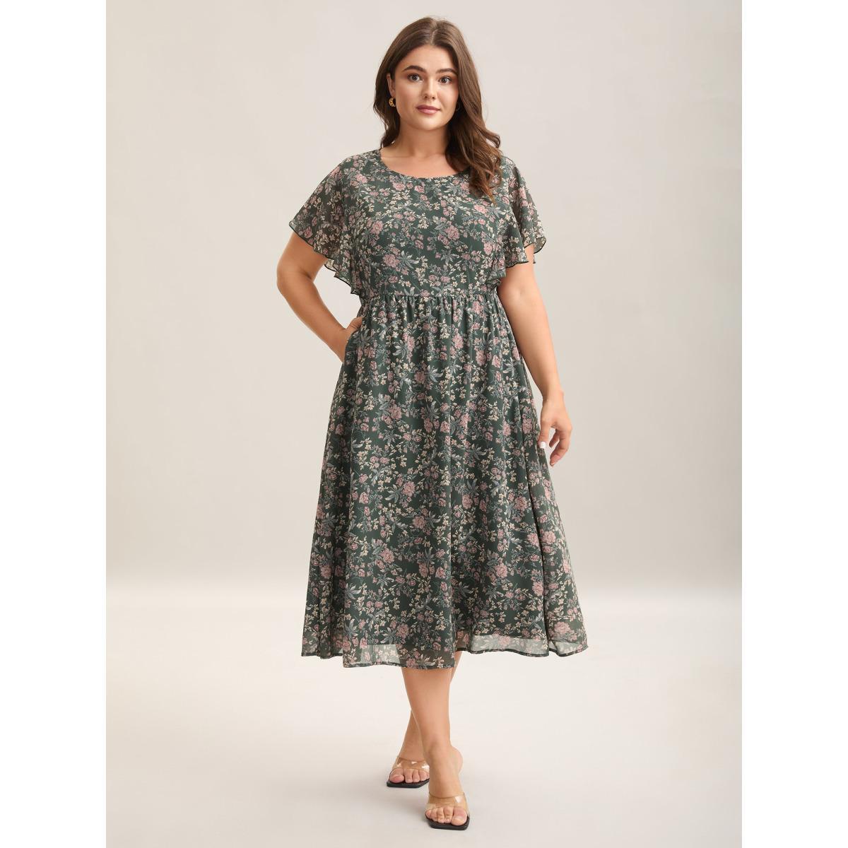 Plus Size Chiffon Floral Print Ruffled Midi Dress Greenbean Women Elegant Ruffles Round Neck Short sleeve Curvy BloomChic 10/M Product Image