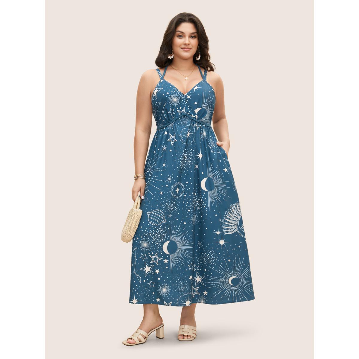 Plus Size Moon & Star Contrast Webbing Tie Knot Dress Cerulean Women Resort Tie knot V-neck Sleeveless Curvy BloomChic 10/M Product Image