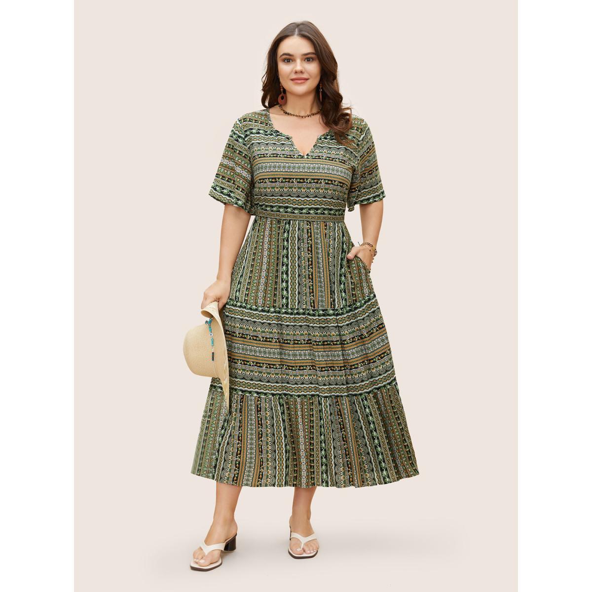 Plus Size Rayon Bandana Print Ruffle Layered Hem Dress Black Women Resort Ruffles Notched collar Short sleeve Curvy BloomChic 30/6X Product Image