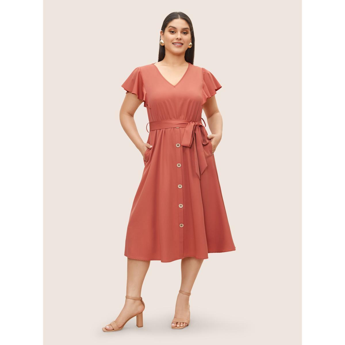 Plus Size Plain Ruffle Cap Sleeve Button Detail Dress Crimson Women At the Office Belted V-neck Cap Sleeve Curvy Midi Dress BloomChic 22-24/3X Product Image