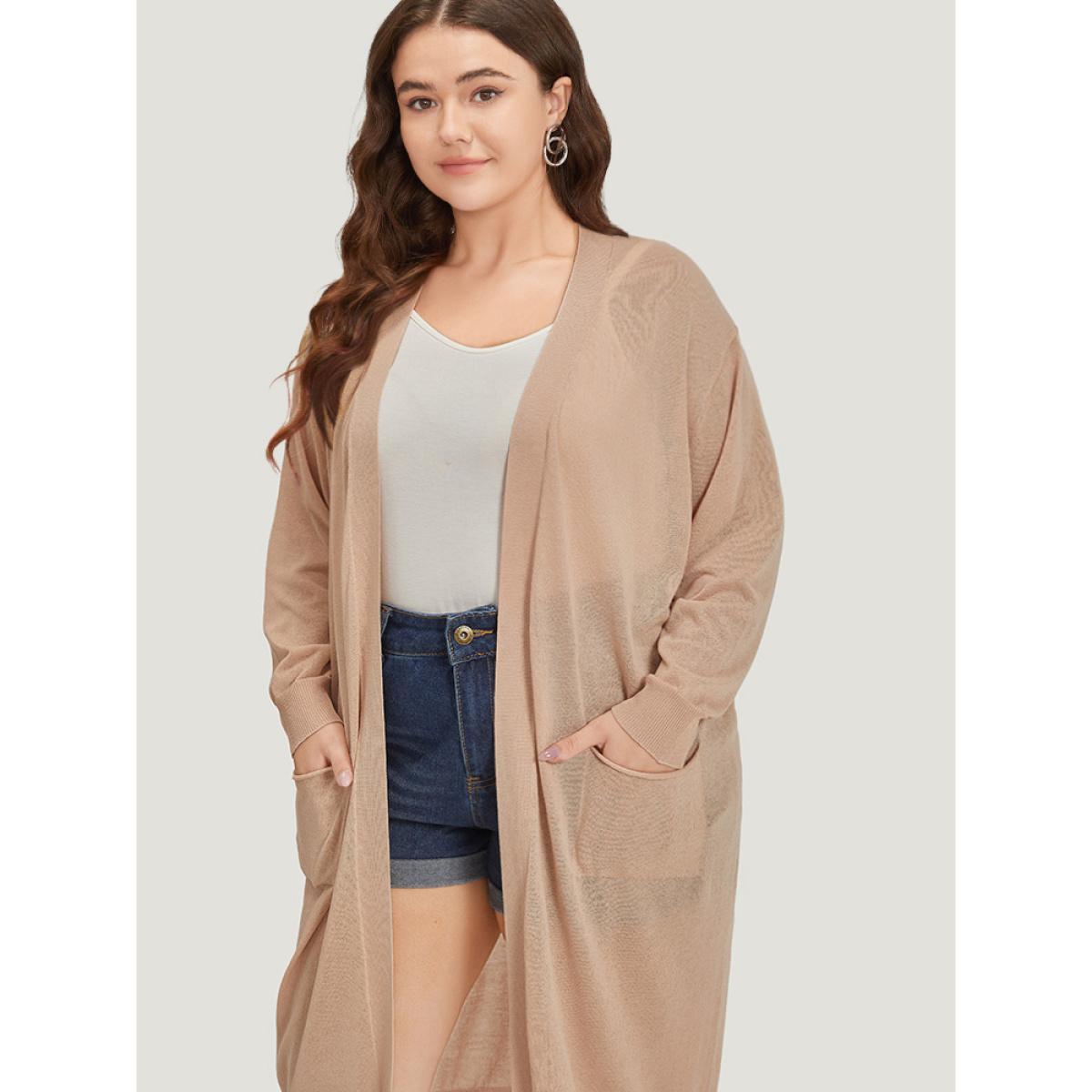 Plus Size Solid Patched Pocket Open Front Breathable Maxi Cardigan Apricot Women Casual Loose Long Sleeve Everyday Cardigans BloomChic 14-16/1X Product Image