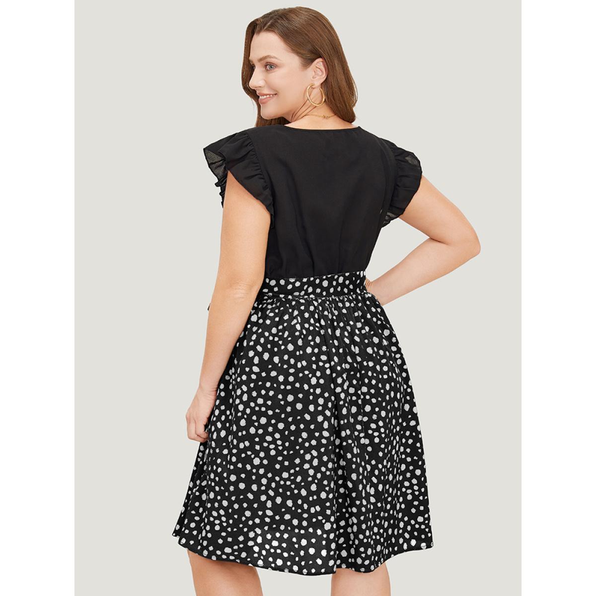 Plus Size Leopard Patchwork Pocket Belt Ruffle Dress Black Women Elegant Belted V-neck Cap Sleeve Curvy Knee Dress BloomChic 26/4X Product Image