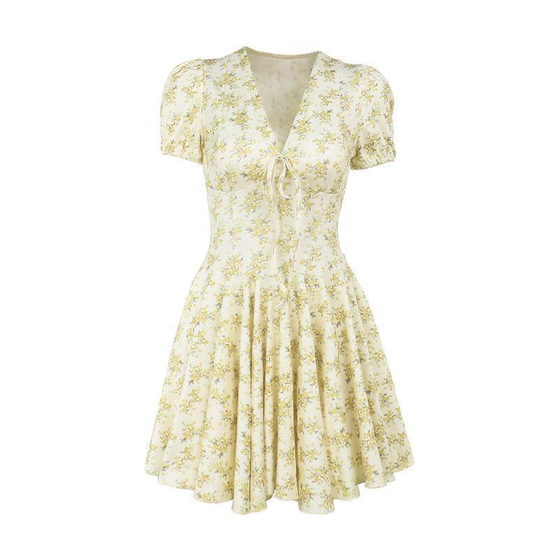 Puff Sleeve V-Neck Floral Print Bow Accent Mini A-Line Dress Product Image
