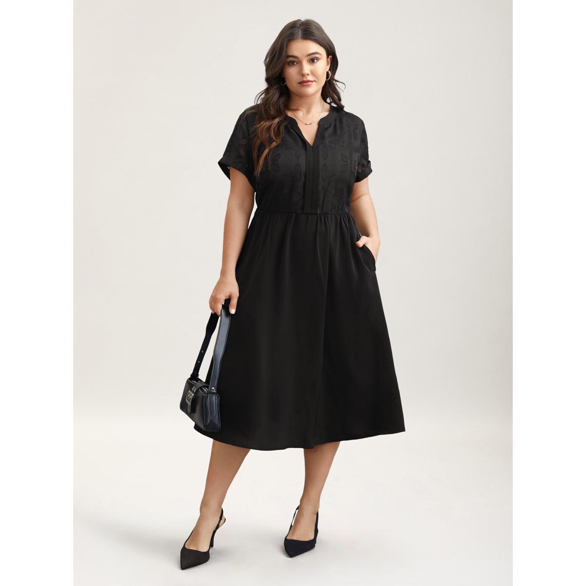Plus Size Sheer Back Textured Cut-Out Midi Dress Black Women At the Office Texture Notched collar Short sleeve Curvy BloomChic 10/M Product Image