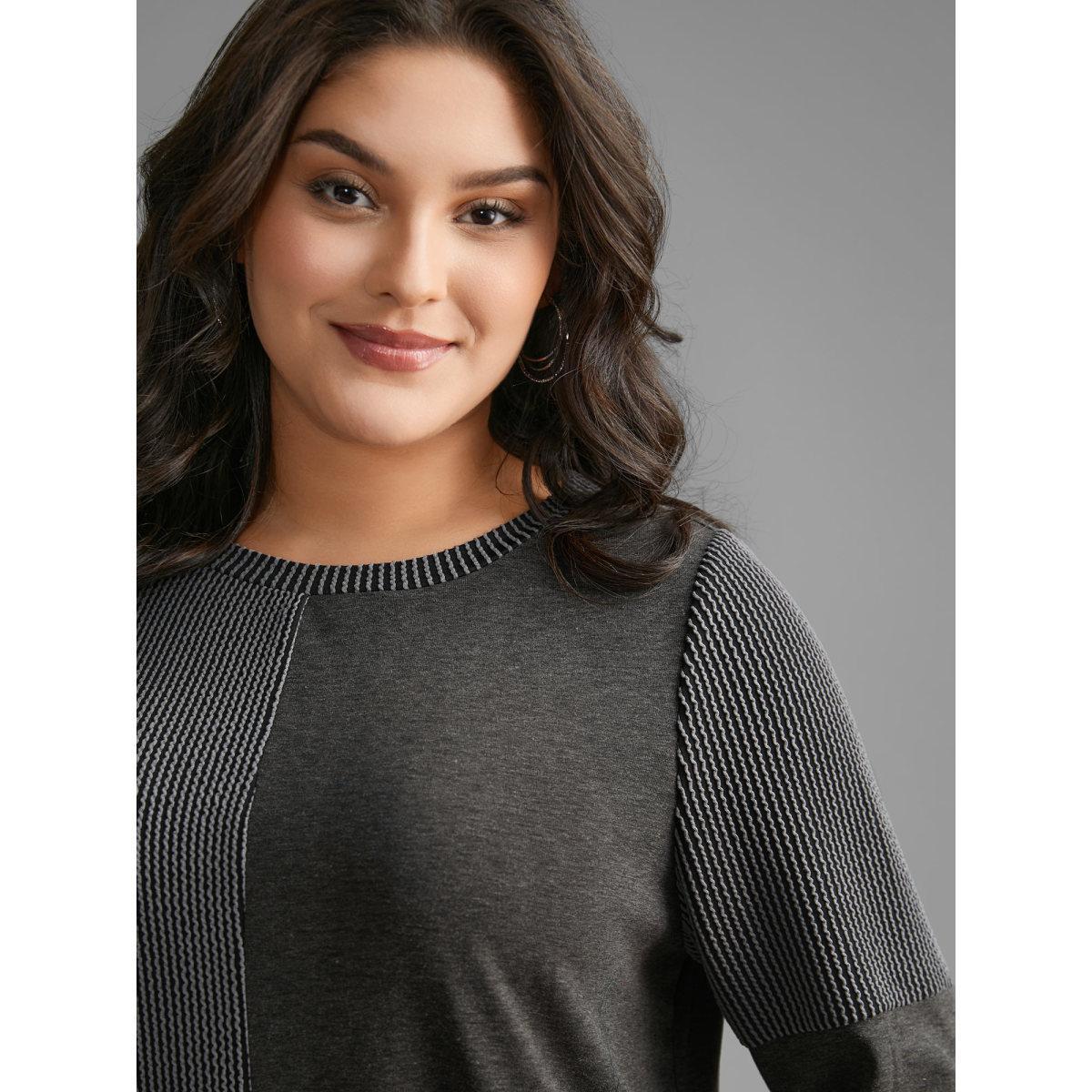 Plus Size Round Neck Textured Patchwork T-shirt Black Women Casual Texture Round Neck Everyday T-shirts BloomChic 10/M Product Image