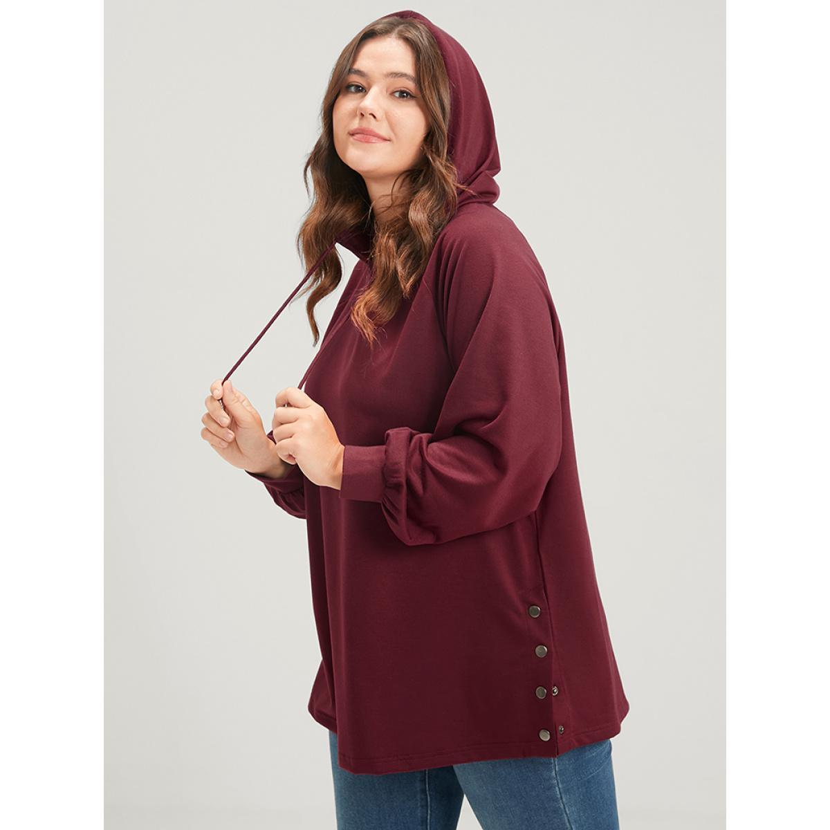 Plus Size Solid Button Side Drop Shoulder Hooded Sweatshirt Women Scarlet Casual Button Hooded Dailywear Sweatshirts BloomChic 26/4X Product Image