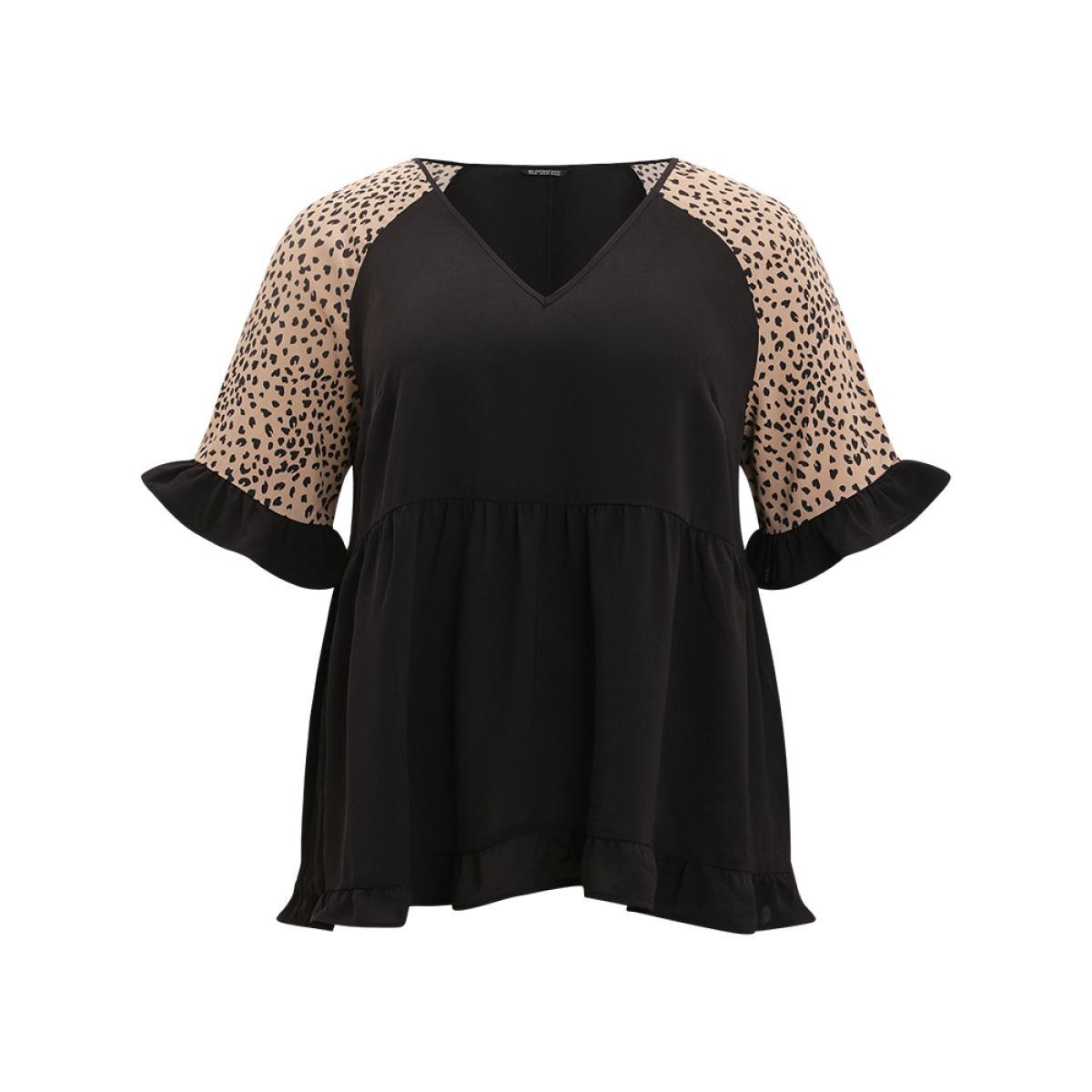 Plus Size Multicolor Leopard Print Raglan Sleeve Gathered Ruffle Trim Blouse Women Elegant Half Sleeve V-neck Dailywear Blouses BloomChic 10/M Product Image