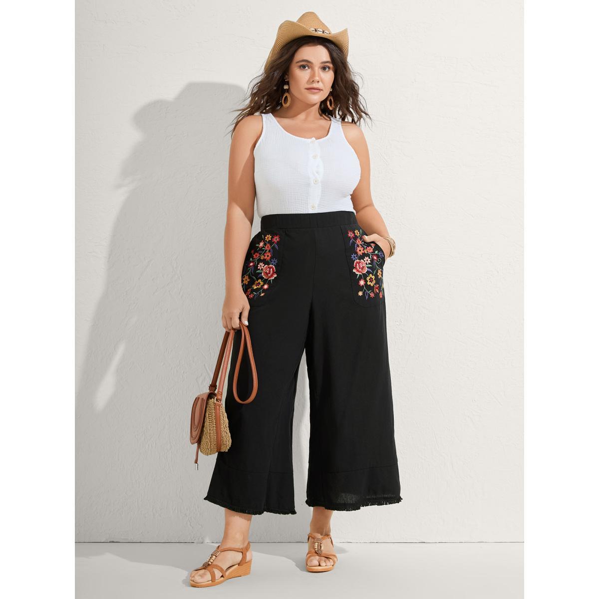 Plus Size Cotton Floral Embroidered Pockets Ribbed Hem Pants Women Black Resort Loose Mid Rise Vacation Pants BloomChic 12/L Product Image