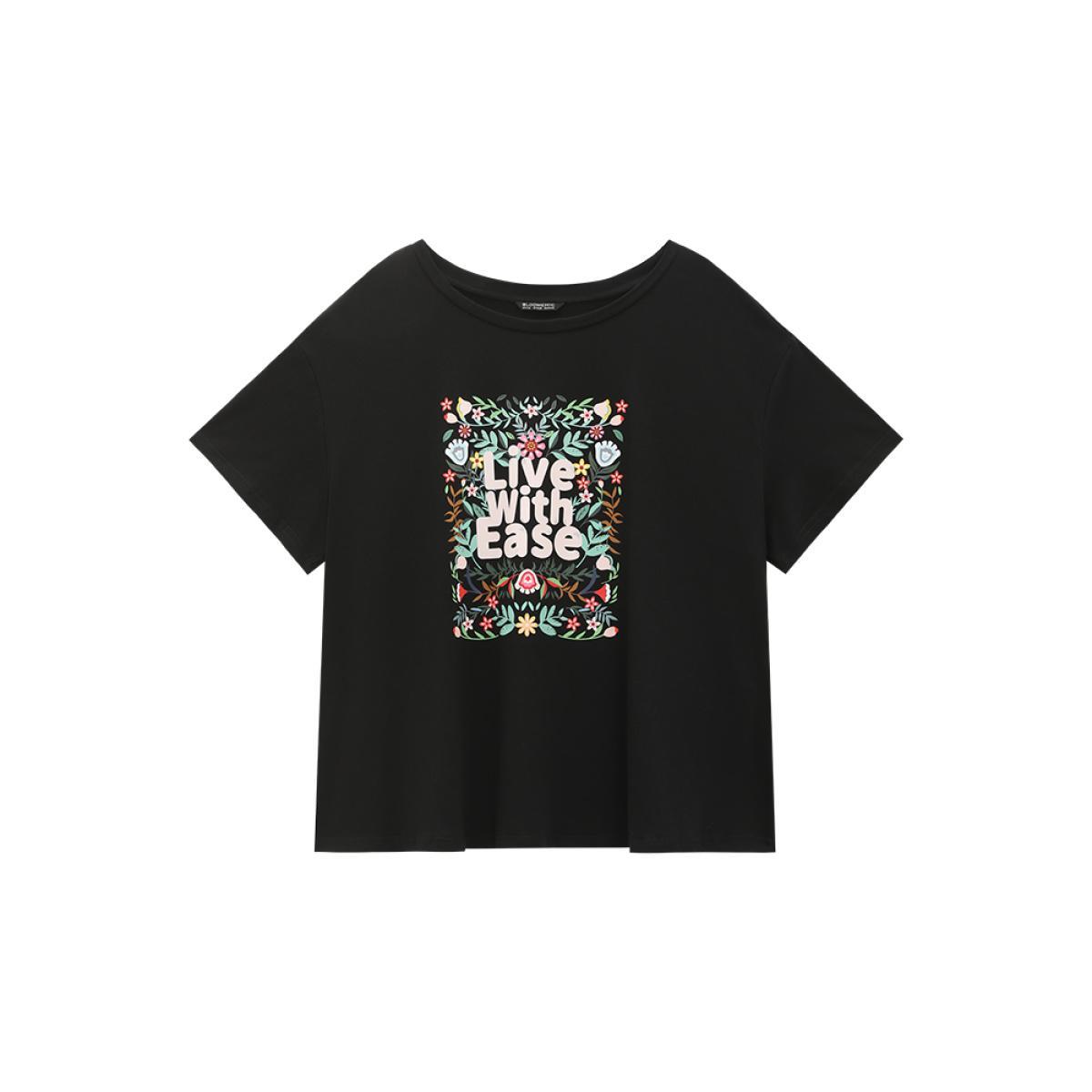 Plus Size Floral & Slogan Print Slightly Stretchy Casual T-shirt Black Women Casual Plain Natural Flowers Dailywear T-shirts BloomChic 14-16/1X Product Image