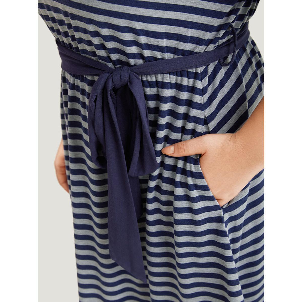 Plus Size Striped Pocket Button Up Belted Crew Neck Dress Indigo Women Casual Belted Round Neck Half Sleeve Curvy Midi Dress BloomChic 18-20/2X Product Image