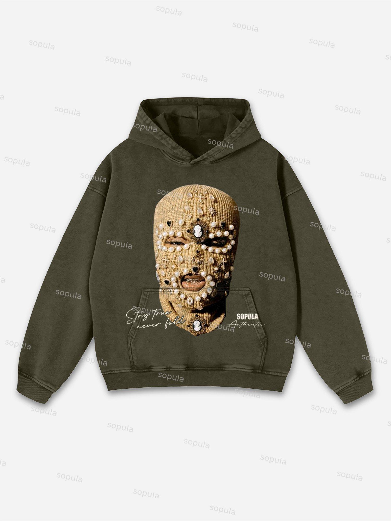 Gangster Jewelry Mask Portrait Graphic Washed Hoodie Product Image