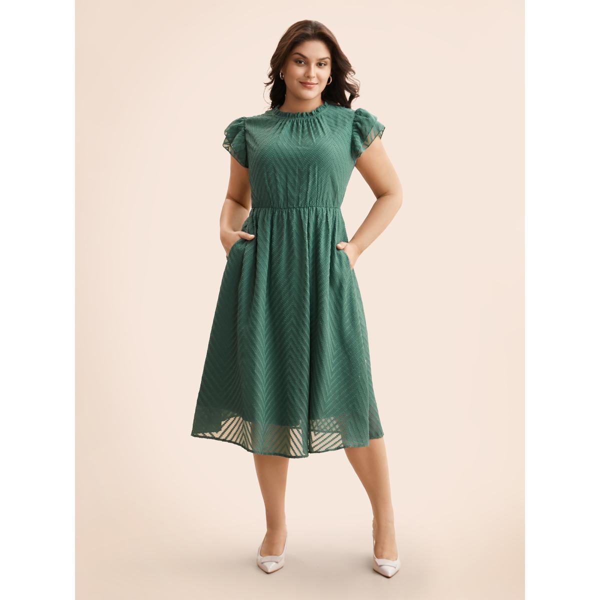 Plus Size Plain Geometric Layered Sleeve Pocket Ruffle Mock Neck Dress Emerald Women Office See through Round Neck Cap Sleeve Curvy Midi Dress BloomChic 30/6X Product Image