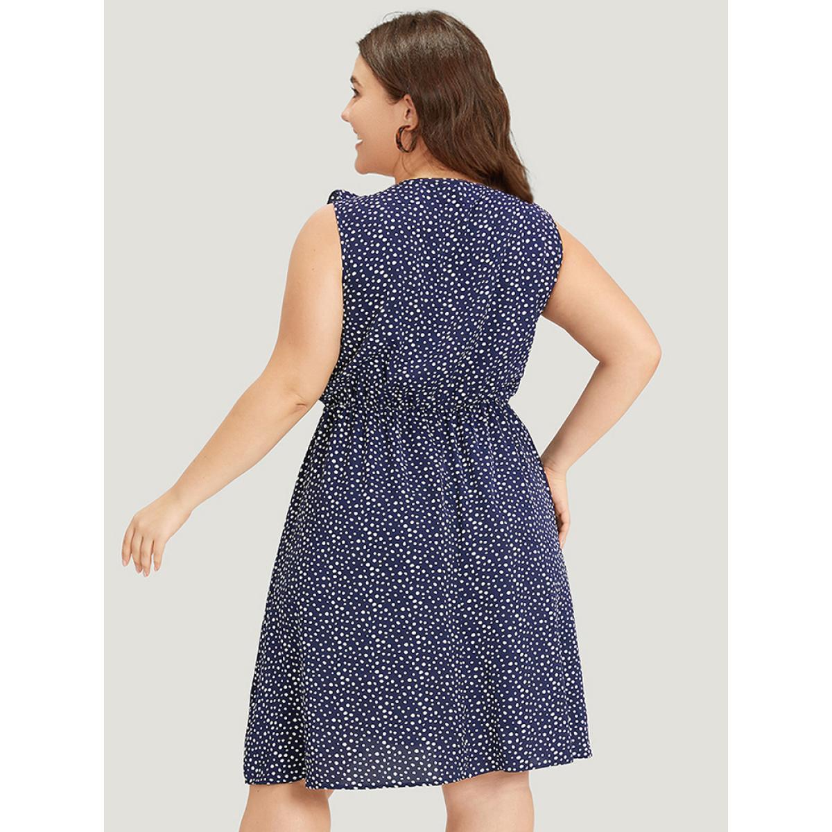 Plus Size Polka Dot Ruffle Trim V Neck Sleeveless Dress DarkBlue Women Elegant Pocket V-neck Sleeveless Curvy Knee Dress BloomChic 18-20/2X Product Image