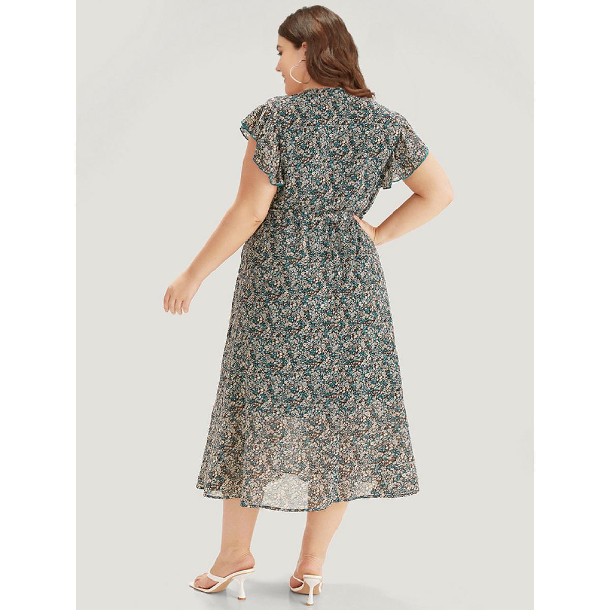 Plus Size Ditsy Floral Surplice Neck Belted Flutter Sleeve Dress Cyan Women Elegant Wrap V-neck Sleeveless Curvy Midi Dress BloomChic 14-16/1X Product Image