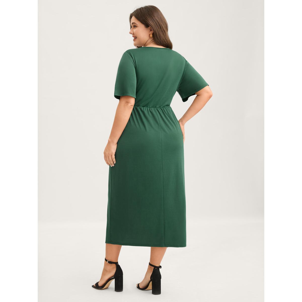 Plus Size Wrap Gathered Solid Surplice Midi Dress DarkGreen Women Overlap Collar Short sleeve Curvy BloomChic 28/5X Product Image