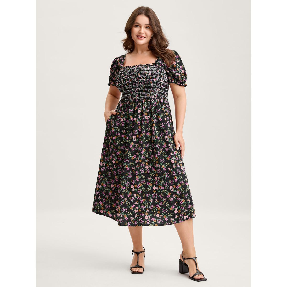 Plus Size Floral Shirred Bodice Contrast Midi Dress Black Women Gathered Square Neck Short sleeve Curvy BloomChic 12/L Product Image
